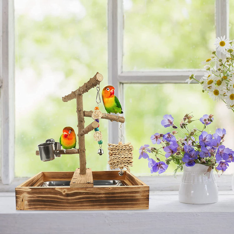 POPETPOP Parrots Playground Bird Perch with Feeding Cups for Parakeets Conures Cockatiel Cage Accessories Exercise Toys