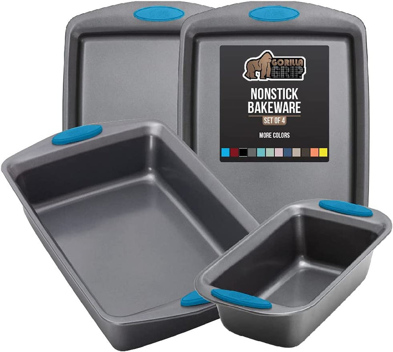 Gorilla Grip Nonstick, Heavy Duty, Carbon Steel Bakeware Sets, 4 Piece Kitchen Baking Set, Rust Resistant, Silicone Handles, 2 Large Cookie Sheets, 1 Roasting Pan and 1 Bread Loaf Pan, Turquoise Home & Garden > Kitchen & Dining > Cookware & Bakeware Hills Point Industries, LLC Aqua Bakeware Sets Set of 4