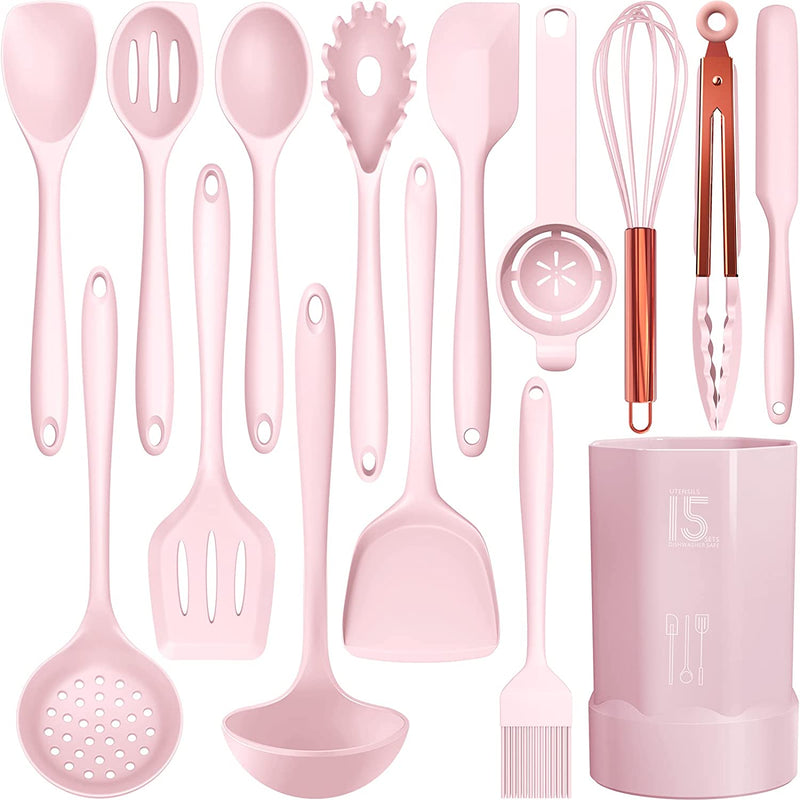 Silicone Cooking Utensils Set - 446°F Heat Resistant Kitchen Utensils,Turner Tongs,Spatula,Spoon,Brush,Whisk,Kitchen Utensil Gadgets Tools Set for Nonstick Cookware,Dishwasher Safe (BPA Free) Home & Garden > Kitchen & Dining > Kitchen Tools & Utensils KitcookJamoon Pink  
