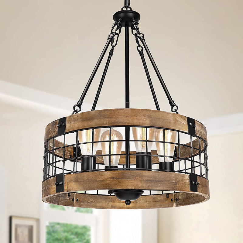 WOAEKR 4-Light Rustic Chandelier for Entryway, round Farmhouse Light Fixtures for Dining Room, Industrial Drum Hanging Pendant Lighting for Kitchen Island, Nature Wood Texture and Black Metal Finish Home & Garden > Lighting > Lighting Fixtures > Chandeliers WOAEKR 17.8"(D)/83.1"(H)  