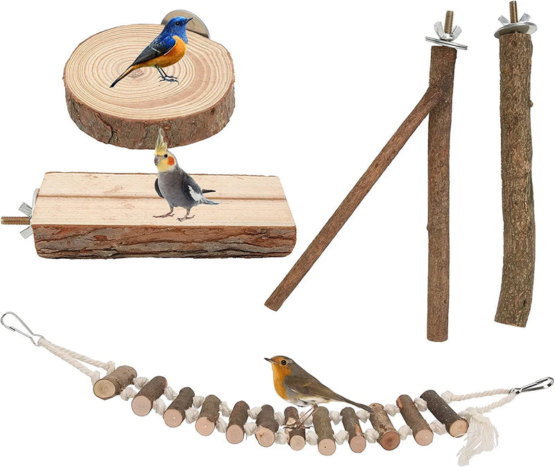 Yuehuamech 5Pcs Natural Wood Bird Perch Stand Parrots Standing Grinding Platform Stick Ladder with Swing Cage Accessories for Parrotlets Cockatiels Budgies Parakeets Animals & Pet Supplies > Pet Supplies > Bird Supplies Yuehuamech   