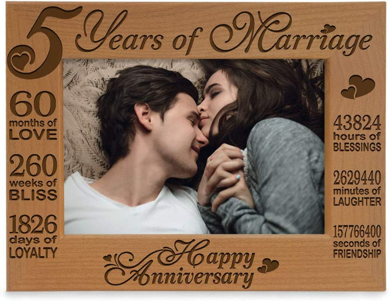 KATE POSH - 5 Years of Marriage Photo Frame - Happy 5Th Wood - Engraved Natural Solid Wood Picture Frame (5X7-Horizontal) Home & Garden > Decor > Picture Frames Kate Posh 4x6-Horizontal (Happy Anniversary)  
