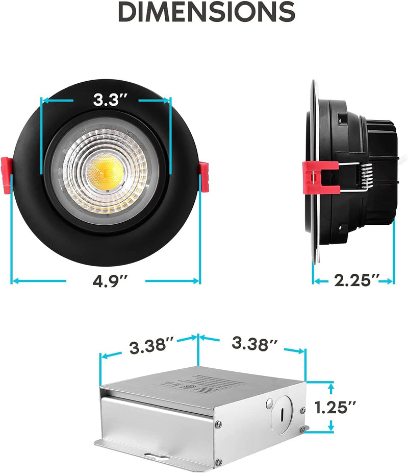 Luxrite 4 Pack 4 Inch Adjustable Gimbal Eyeball LED Recessed Lighting Kit, 3 Color Options 3000K | 4000K | 5000K, 11W=75W, 1000 Lumens, Dimmable Canless LED Downlight, IC Rated, Damp Rated - Black