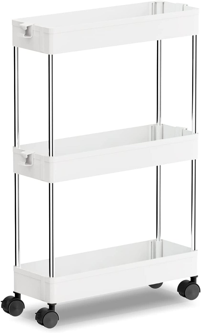 OTK Slim Storage Cart 3 Tier Mobile Shelving Unit Organizer, Utility Rolling Shelf Cart with Wheels for Bathroom Kitchen Bedroom Office Laundry Narrow Places，White Home & Garden > Household Supplies > Storage & Organization OTK 3 Tier-White Slim 