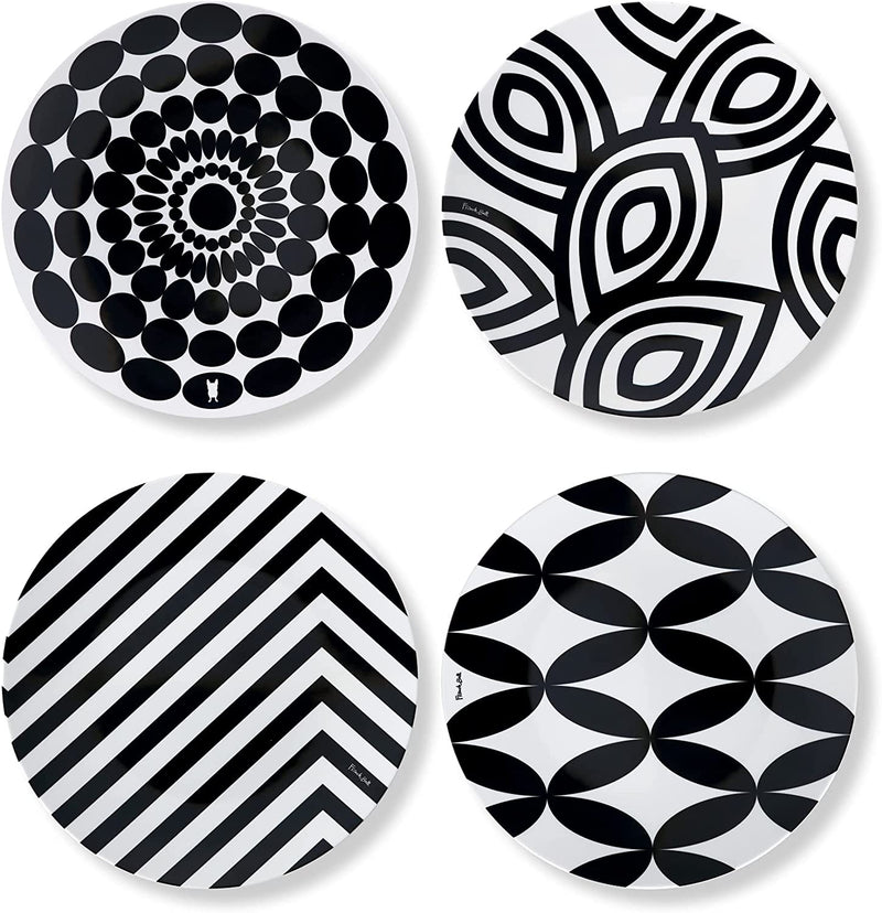 French Bull Assorted Plates - 4 Piece Set - 9 Inch Melamine Salad Plates Set of 4 - Melamine Dinnerware for Indoor and Outdoor - Assorted Black and White