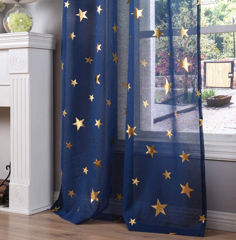 Kotile Star Themed Kids Room Sheer Curtains, Navy Blue Grommet Top Window Treatment with Twinkle Gold Stars Short Curtains for Bedroom, W52 X L63 Inches, 2 Panels