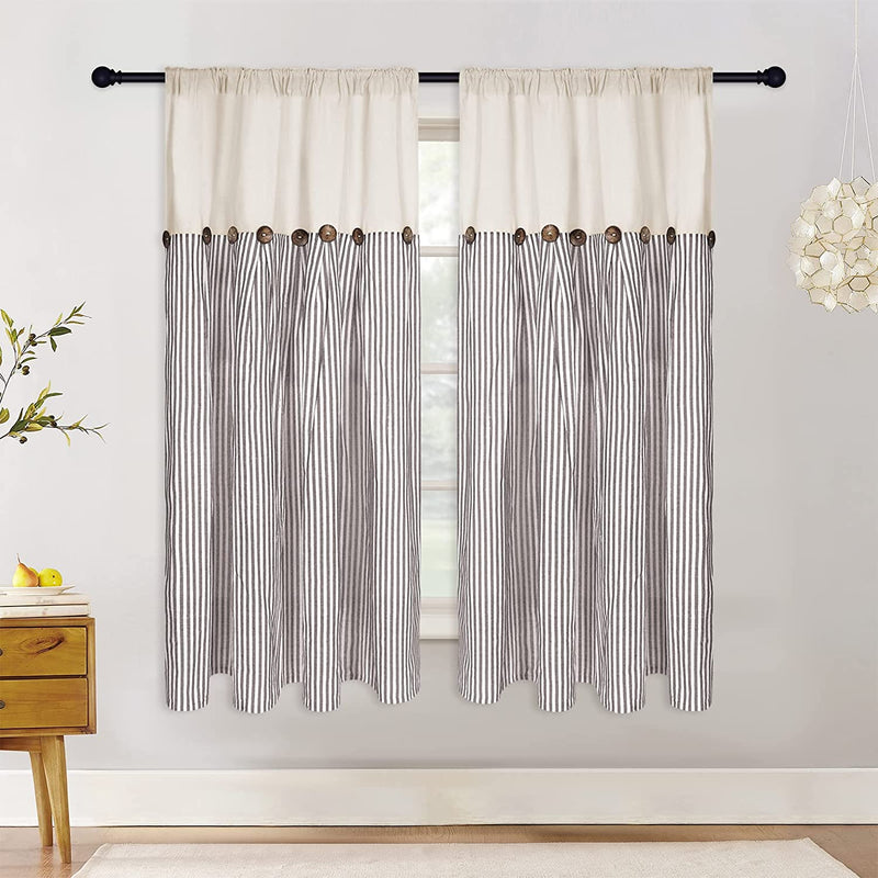 Cotton Linen Farmhouse Curtains Boho Rustic Button Curtains Natural and Dark Grey Stripe Color Block Curtain Rod Pocket & Back Tab Window Drapes for Bedroom Living Room(52 X 84 Inch, 2 Panels) Home & Garden > Decor > Window Treatments > Curtains & Drapes BLEUM CADE Brown Stripe W52 x L63 