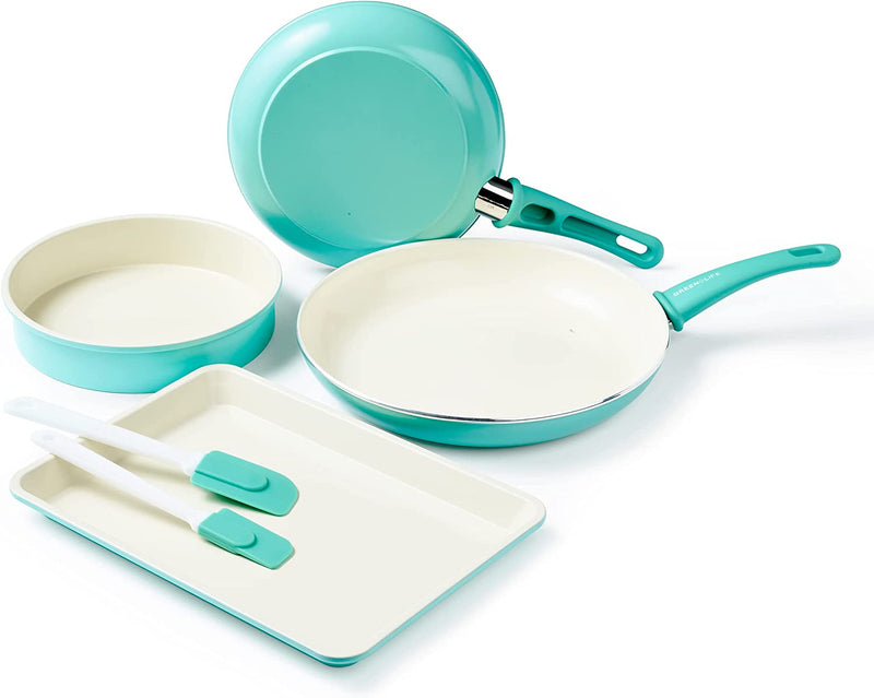 Greenlife Bakeware Healthy Ceramic Nonstick, 12 Piece Baking Set with Cookie Sheets Muffin Cake and Loaf Pans Including Utensils, Pfas-Free, Turquoise Home & Garden > Kitchen & Dining > Cookware & Bakeware GreenLife Turquoise 6 Piece Cookware and Bakeware Set 