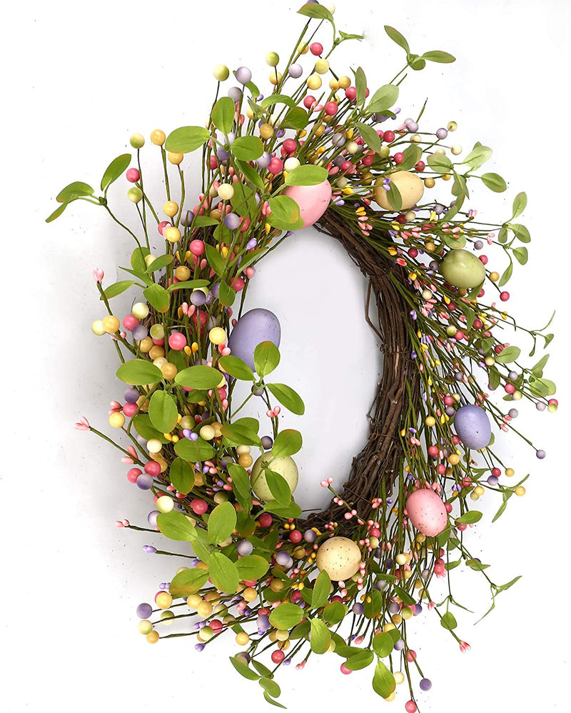 Easter Wreath,20” Artificial Berry Wreath with Pastel Easter Eggs for Front Door Window Wall Decor and Easter Celebration Home & Garden > Decor > Seasonal & Holiday Decorations J'FLORU   