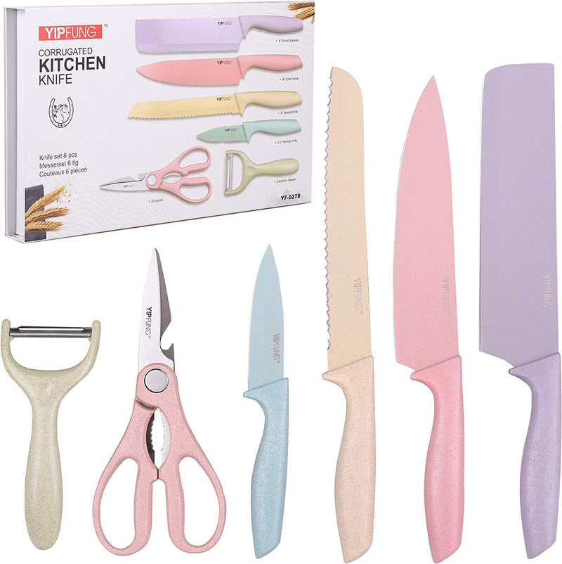 Colorful Knife Set for 6 Pieces, High Carbon Steel Kitchen Knife Set, Environmental Wheat Straw Material Handle, Sharp All-Purpose Professional Chef Knife with Gift Box YIPFUNG Home & Garden > Kitchen & Dining > Kitchen Tools & Utensils > Kitchen Knives YIPFUNG   