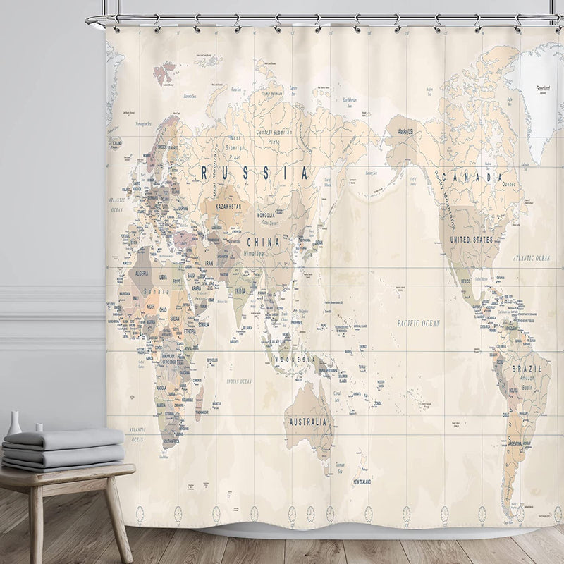 Riyidecor World Map Shower Curtain Travel Educational Vintage Geography Retro Countries Capital the Earth Decor Bathroom Fabric Set Polyester Waterproof Fabric 72Wx72H Inch 12 Pack Plastic Hooks Sporting Goods > Outdoor Recreation > Fishing > Fishing Rods Pan na   