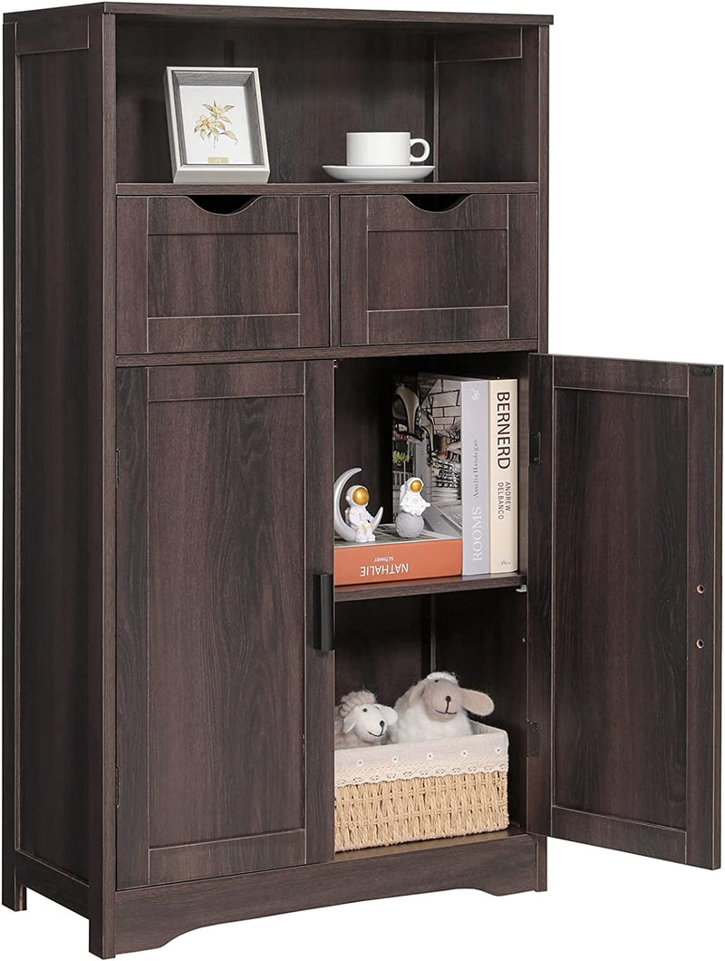 IWELL Storage Cabinet with 2 Adjustable Drawers & 2 Shelf, Bathroom Floor Cabinet with Door, Cupboard for Living Room, Home Office, Kitchen, Rustic Brown
