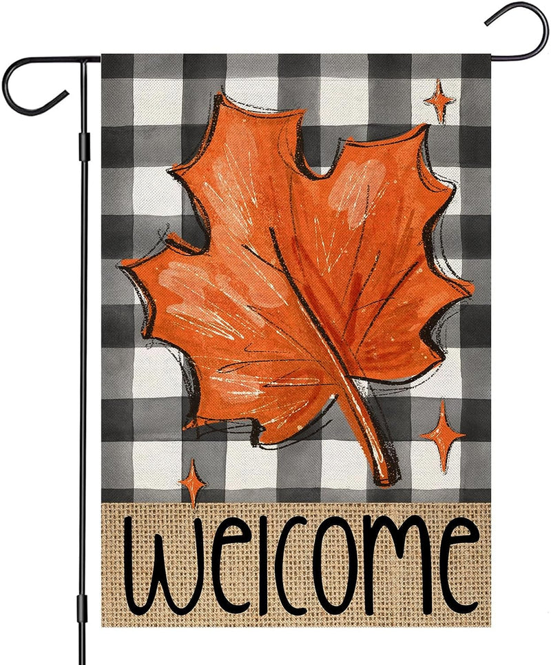 Hello Fall Garden Flags 12X18 Inch Double Sided, Seasonal Dog with Maple Leaves Pumpkins Scarf Small Yard outside Decorations, Harvest Autumn Thanksgiving Farmhouse Holiday Outdoor Décor  EKOREST Maple Leaves  