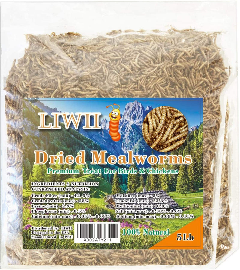 Dried Mealworms -5 LBS- 100% Natural Non GMO High Protein Mealworms - Bulk Mealworms for Wild Birds, Chicken Treats, Hamster Food, Gecko Food, Turtle Food, Lizard Food Animals & Pet Supplies > Pet Supplies > Bird Supplies > Bird Food LIWII 5 Pound (Pack of 1)  