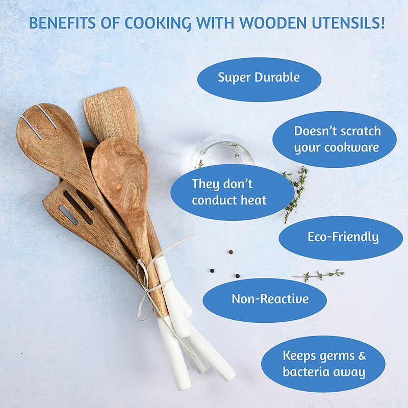 Folkulture Wooden Spoons for Cooking Set for Kitchen, Non Stick Cookware Tools or Utensils Includes Wooden Spoon, Spatula, Fork, Slotted Turner, Corner Spoon, Set of 5, 12 Inch, Acacia Wood, White Home & Garden > Kitchen & Dining > Kitchen Tools & Utensils Folkulture   