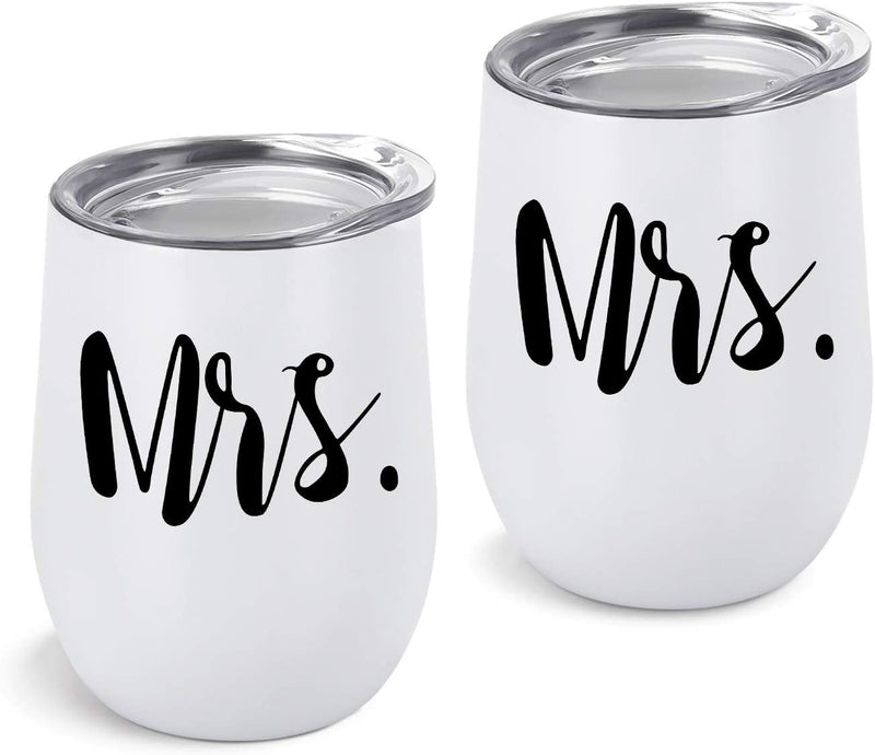 Mr and Mrs Tumblers Bridal Shower Idea for Bride and Groom, 12 Oz Wine Tumbler Wedding Idea for Newlyweds Couples Bride to Be Engagement Honeymoon, Insulated Mr Mrs Wine Tumbler Set, Set of 2 Home & Garden > Kitchen & Dining > Tableware > Drinkware GINGPROUS White 2  