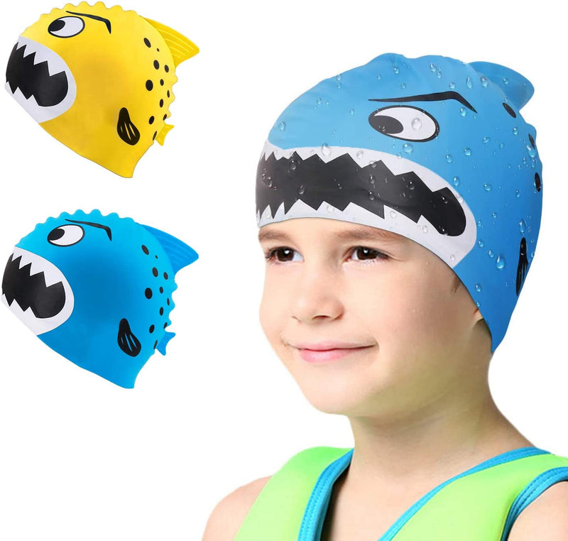 Swim Cap Kids-2 Pack Silicone Fun Swim Caps for Girls and Boys, Kids Swimming Hats with Cartoon Sharks & Minnows Design Sporting Goods > Outdoor Recreation > Boating & Water Sports > Swimming > Swim Caps SANT   