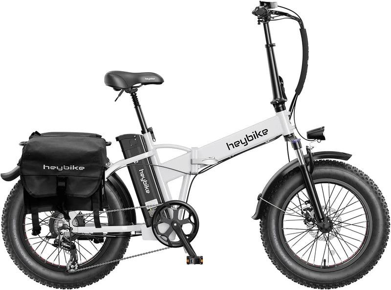 Heybike Mars Electric Bike Foldable 20" X 4.0 Fat Tire Electric Bicycle with 500W Motor, 48V 12.5AH Removable Battery and Dual Shock Absorber for Adults Sporting Goods > Outdoor Recreation > Cycling > Bicycles Heybike White With Black Saddlebag 
