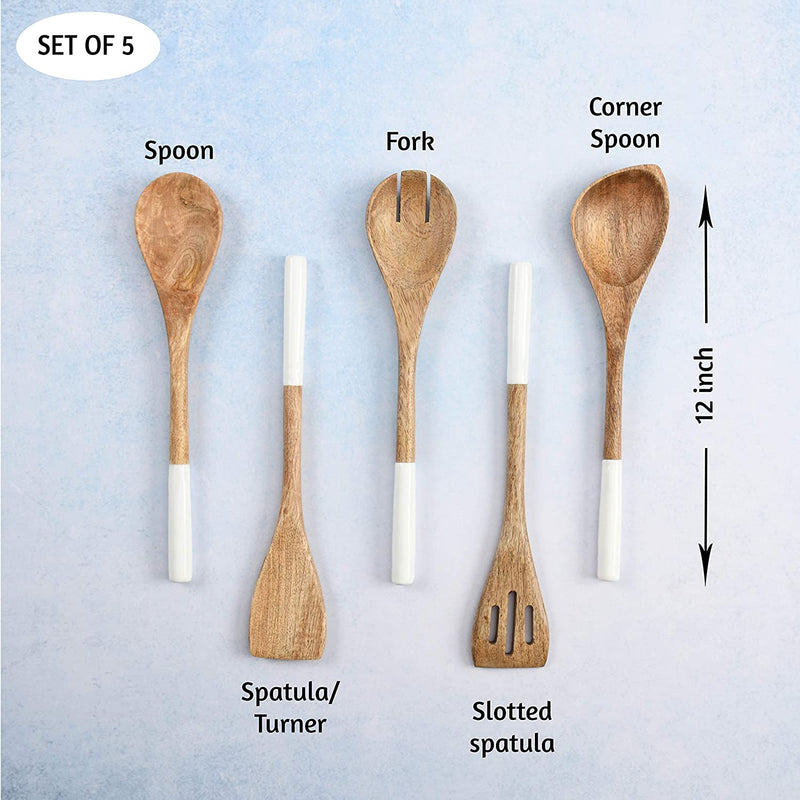 Folkulture Wooden Spoons for Cooking Set for Kitchen, Non Stick Cookware Tools or Utensils Includes Wooden Spoon, Spatula, Fork, Slotted Turner, Corner Spoon, Set of 5, 12 Inch, Acacia Wood, White Home & Garden > Kitchen & Dining > Kitchen Tools & Utensils Folkulture   