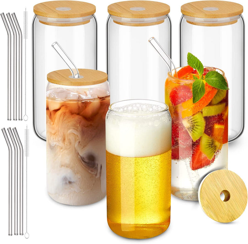 Drinking Glasses 6PCS Set, Netduti Can Shaped Glass Cups with Bamboo Lids and Glass Straws,16 Oz Premium Iced Coffee Cup, Beer Glasses, Glass Tumbler, Ideal for Juice,Cocktail,Soft Drinks,Gift