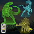 3D Dinosaur Led Night Light - Come with 3 Patterns Acrylic Plate,16 Colors Changing & Timing Remote Control Dino 3D Illusion Lamp for Kids Room Decor