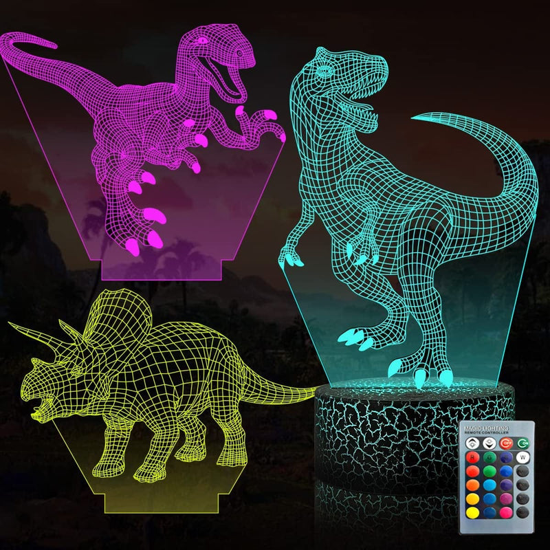 3D Dinosaur Led Night Light - Come with 3 Patterns Acrylic Plate,16 Colors Changing & Timing Remote Control Dino 3D Illusion Lamp for Kids Room Decor Home & Garden > Lighting > Night Lights & Ambient Lighting Liyyeetr Dinosaur-style1  