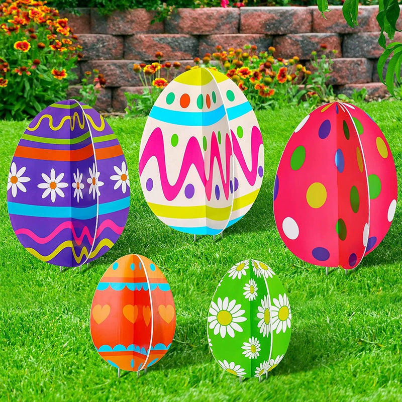 3D Easter Eggs Yard Signs Outdoor Lawn Decorations 5 Pieces Egg Yard Stake Sign Waterproof Easter Outdoor Decorative Stake Signs for Easter Home Garden Yard Party Supplies Photo Props Home & Garden > Decor > Seasonal & Holiday Decorations Yalikop   