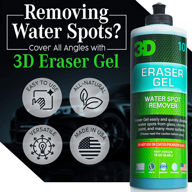 3D Eraser Gel Hard Water Stain Remover - 16 oz - Hard Water Spot Remover for Cars, Glass, and Paint - All Natural Shower Door Cleaner - Cleans Mirrors, Windows, Chrome Surfaces, and More  3D   