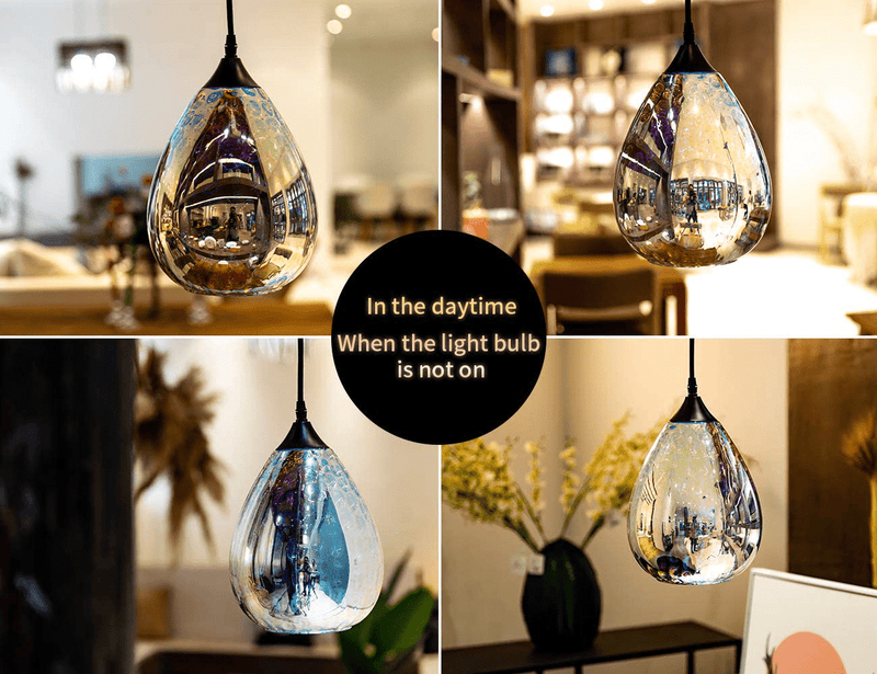 3d Glass Pendant Light, Modern Kitchen Pendant Lighting with Colored Hammered Shade, 3D Reflection Glass Hanging Pendant Ceiling Light Fixture for Living Room Bedroom Island Restaurant Bar, 8in Chrome