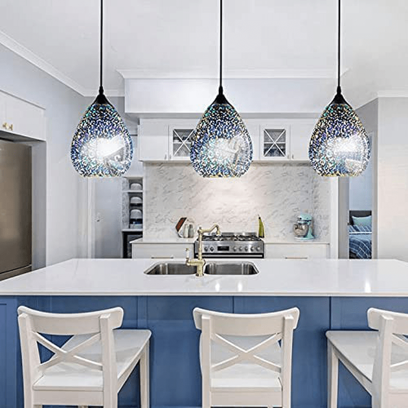 3d Glass Pendant Light, Modern Kitchen Pendant Lighting with Colored Hammered Shade, 3D Reflection Glass Hanging Pendant Ceiling Light Fixture for Living Room Bedroom Island Restaurant Bar, 8in Chrome