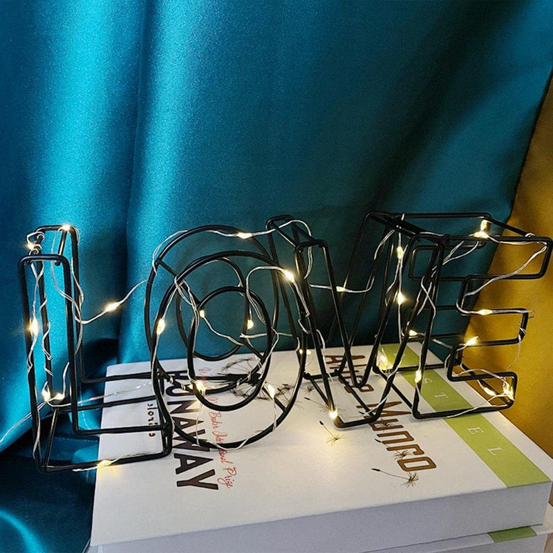 3D Metal Wire Love Letters with with Light Bedroom Decorations Home Decor for Valentine'S Day 15X5.5X10.5Cm Modern Style Photo Props - Black Home & Garden > Decor > Seasonal & Holiday Decorations Tongina   
