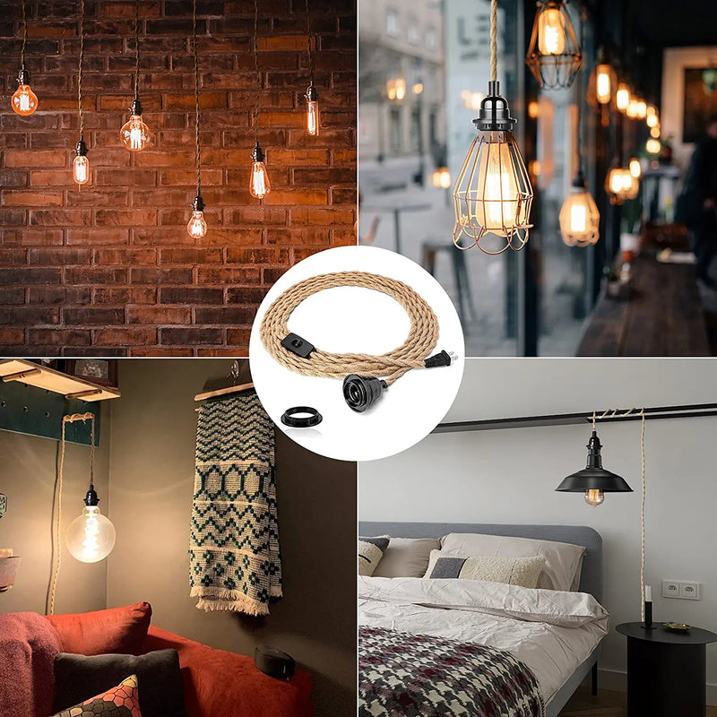 Plug in Hanging Light Fixture, 15FT Pendant Lamp Lights Cord with Switch Cord E26 Bulbs Socket, Industrial DIY Twisted Hemp Rope Overhead Lamps for Farmhouse Bedroom Home Lighting Decors Home & Garden > Lighting > Lighting Fixtures HURYEE   
