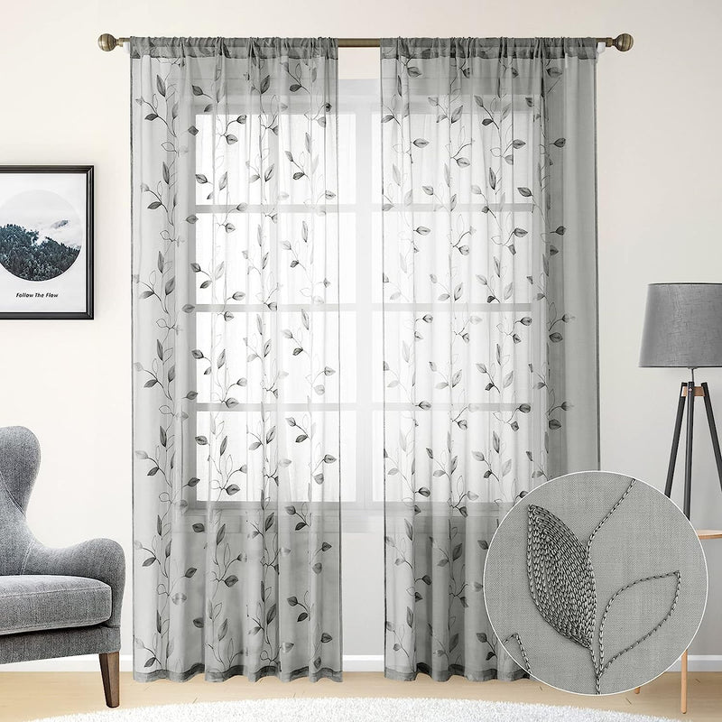 HOMEIDEAS Sage Green Sheer Curtains 52 X 84 Inches Long 2 Panels Embroidered Leaf Pattern Pocket Faux Linen Floral Semi Sheer Voile Window Curtains/Drapes for Bedroom Living Room Sporting Goods > Outdoor Recreation > Fishing > Fishing Rods HOMEIDEAS 3-grey W52" X L96" 