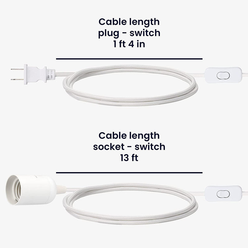 Kwmobile Plug-In Light Cord - 15Ft Long Fabric Pendant Lamp Cable with Plug, E26 Socket - for Hanging DIY Ceiling Lighting - White