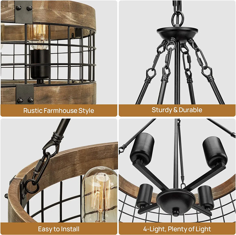 ACNKTZ Farmhouse Rustic Chandelier Light Fixture, 4-Light round Hanging Pendant Lighting for Dining Room Entryway Kitchen Island Foyer Breakfast Area, Black Wood and Black Metal Finish Home & Garden > Lighting > Lighting Fixtures > Chandeliers ACNKTZ   