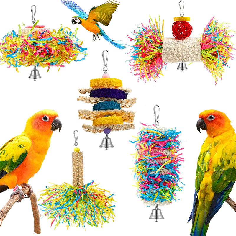 6 Pieces Parrot Cage Shredder Toy Bird Chewing Toys Foraging Hanging Toy Bird Loofah Toys with Bird Perch Stand Toy Blue Paw Grinding Stick for Small Bird Parakeets Cockatiel Conure African Grey Animals & Pet Supplies > Pet Supplies > Bird Supplies > Bird Toys Skylety   