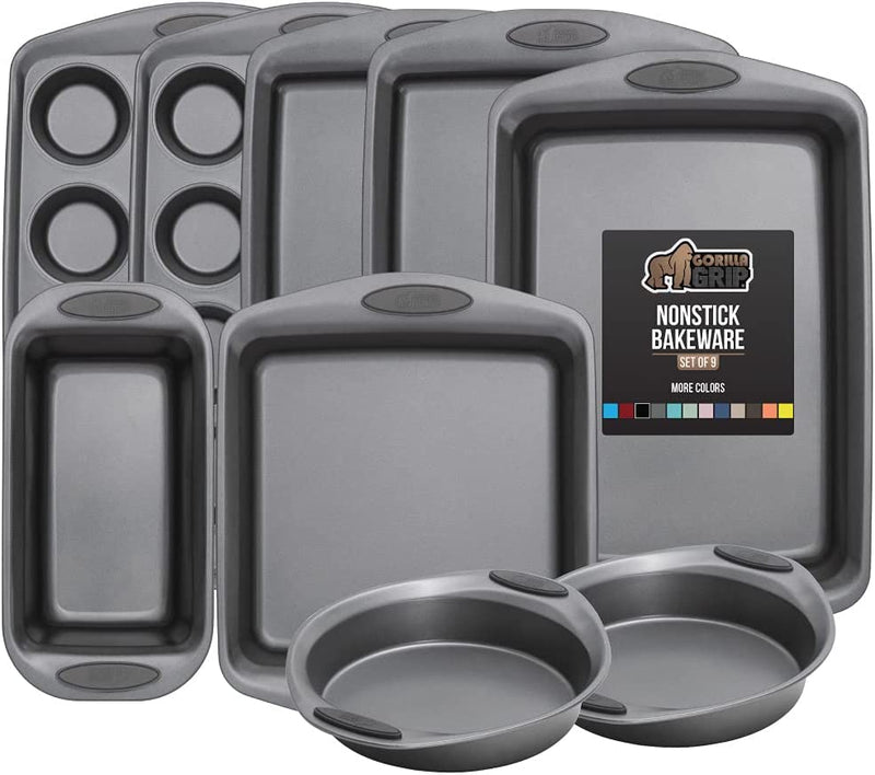 Gorilla Grip Nonstick, Heavy Duty, Carbon Steel Bakeware Sets, 4 Piece Kitchen Baking Set, Rust Resistant, Silicone Handles, 2 Large Cookie Sheets, 1 Roasting Pan and 1 Bread Loaf Pan, Turquoise Home & Garden > Kitchen & Dining > Cookware & Bakeware Hills Point Industries, LLC Gray Bakeware Sets Set of 9