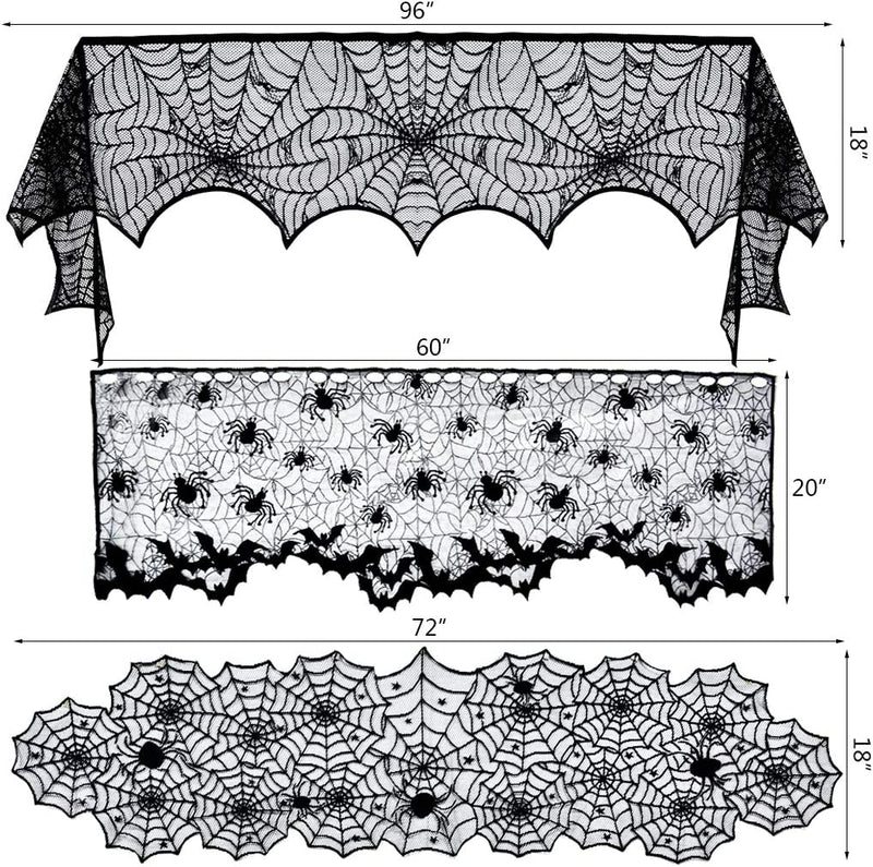 5Pack Halloween Decorations Tablecloth Runner Black Lace round Spider Cobweb Table Cover Fireplace Mantel Scarf Spiderweb Fireplace Scarf Spider Lampshade with 36Pcs Scary 3D Bat for Halloween Party  Tayfremn   