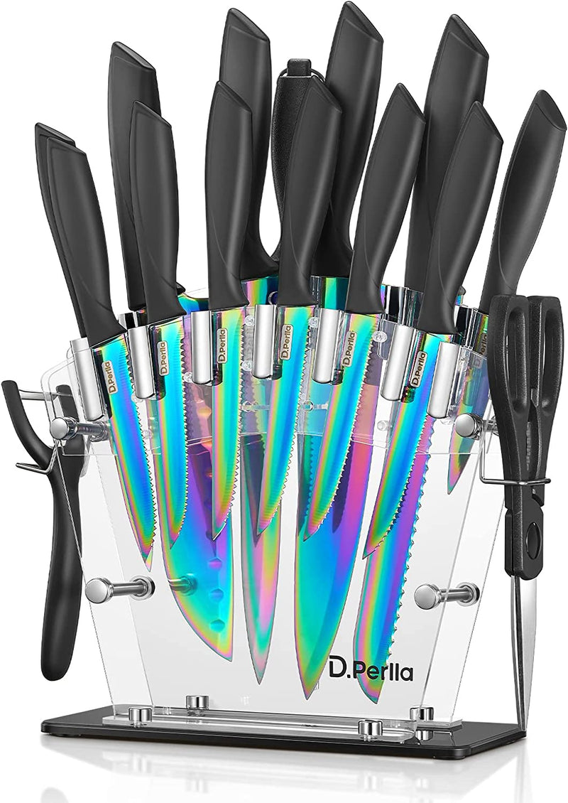 Knife Set, D.Perlla 16 Pieces Black Kitchen Knife Set with Acrylic Stand, High Carbon Stainless Steel, BO Oxidation Knife Block Set, No Rust, Non Slip Handle, Sharp Knife Home & Garden > Kitchen & Dining > Kitchen Tools & Utensils > Kitchen Knives D.Perlla Rainbow  
