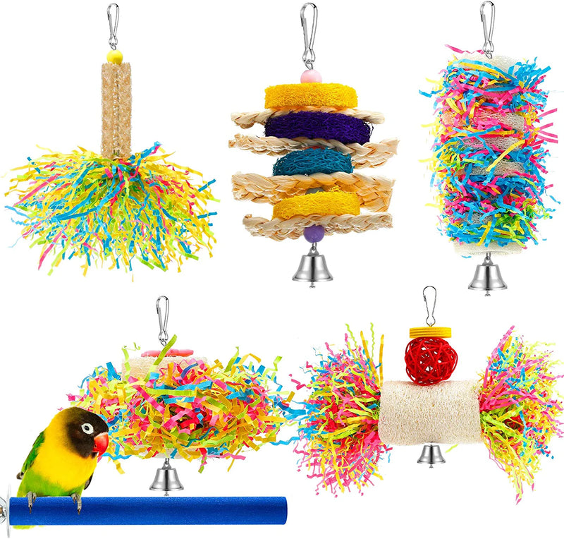 6 Pieces Parrot Cage Shredder Toy Bird Chewing Toys Foraging Hanging Toy Bird Loofah Toys with Bird Perch Stand Toy Blue Paw Grinding Stick for Small Bird Parakeets Cockatiel Conure African Grey Animals & Pet Supplies > Pet Supplies > Bird Supplies > Bird Toys Skylety   