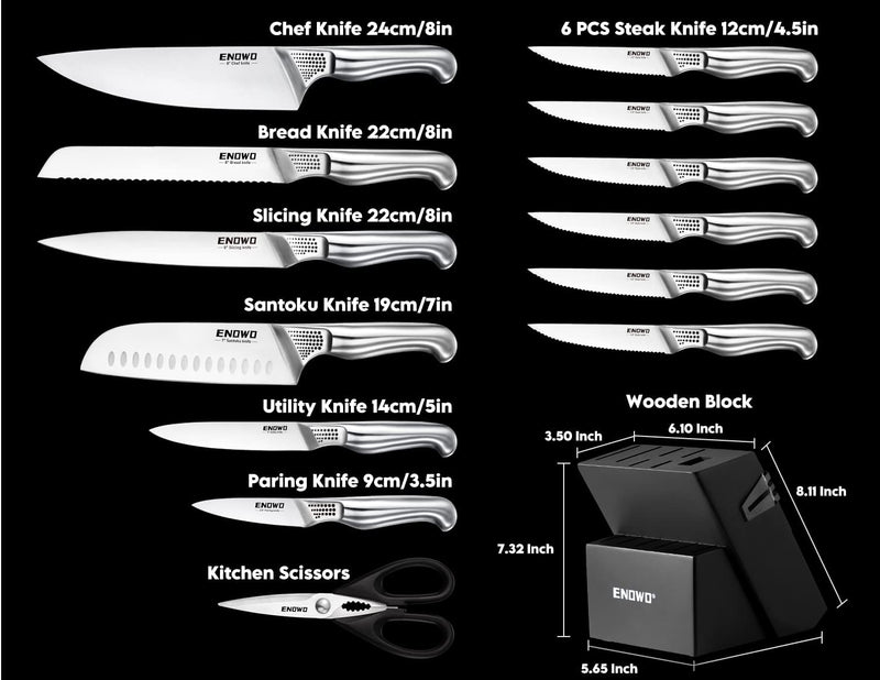 Enowo Kitchen Knife Set with Block, 14 Pieces German Stainless Steel Knife Block Set, Hollow Handle Chef Knife Set Built-In Sharpeners Right Home & Garden > Kitchen & Dining > Kitchen Tools & Utensils > Kitchen Knives enowo   