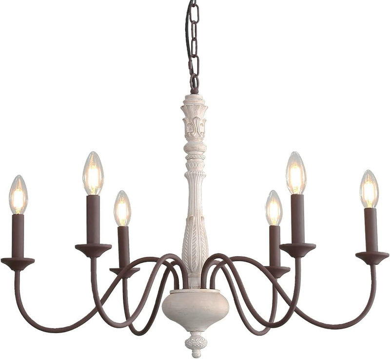 French Country Chandelier,6-Light Farmhouse Chandelier Vintage Candle Dining Room Lighting Fixture Brown White Antique Industrial Chandelier for Living Room Kitchen Island Foyer Bedroom Lighting Home & Garden > Lighting > Lighting Fixtures > Chandeliers Azkabu Vintage White + Coffee Lamp Arm  