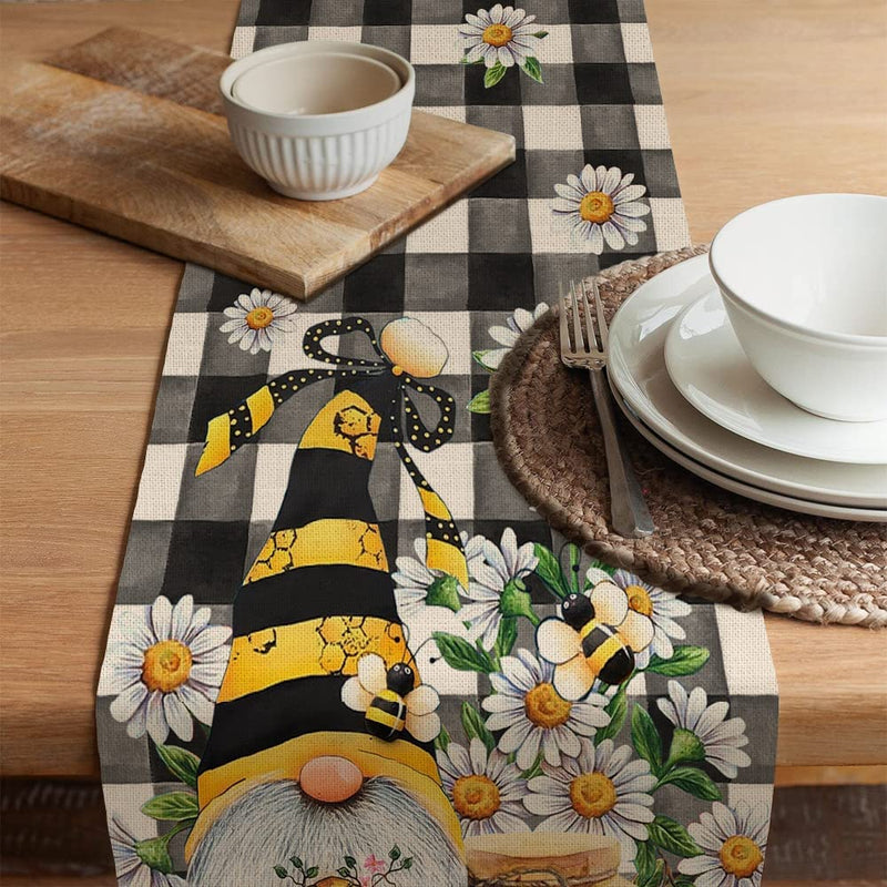 Seliem Spring Bee Gnome Table Runner, Honey Black White Buffalo Plaid Check Home Kitchen Dining Decor, Summer Seasonal Farmhouse Daisy Decorations Indoor Outdoor Anniversary Party Supply 13 X 72 Inch Home & Garden > Decor > Seasonal & Holiday Decorations Seliem   