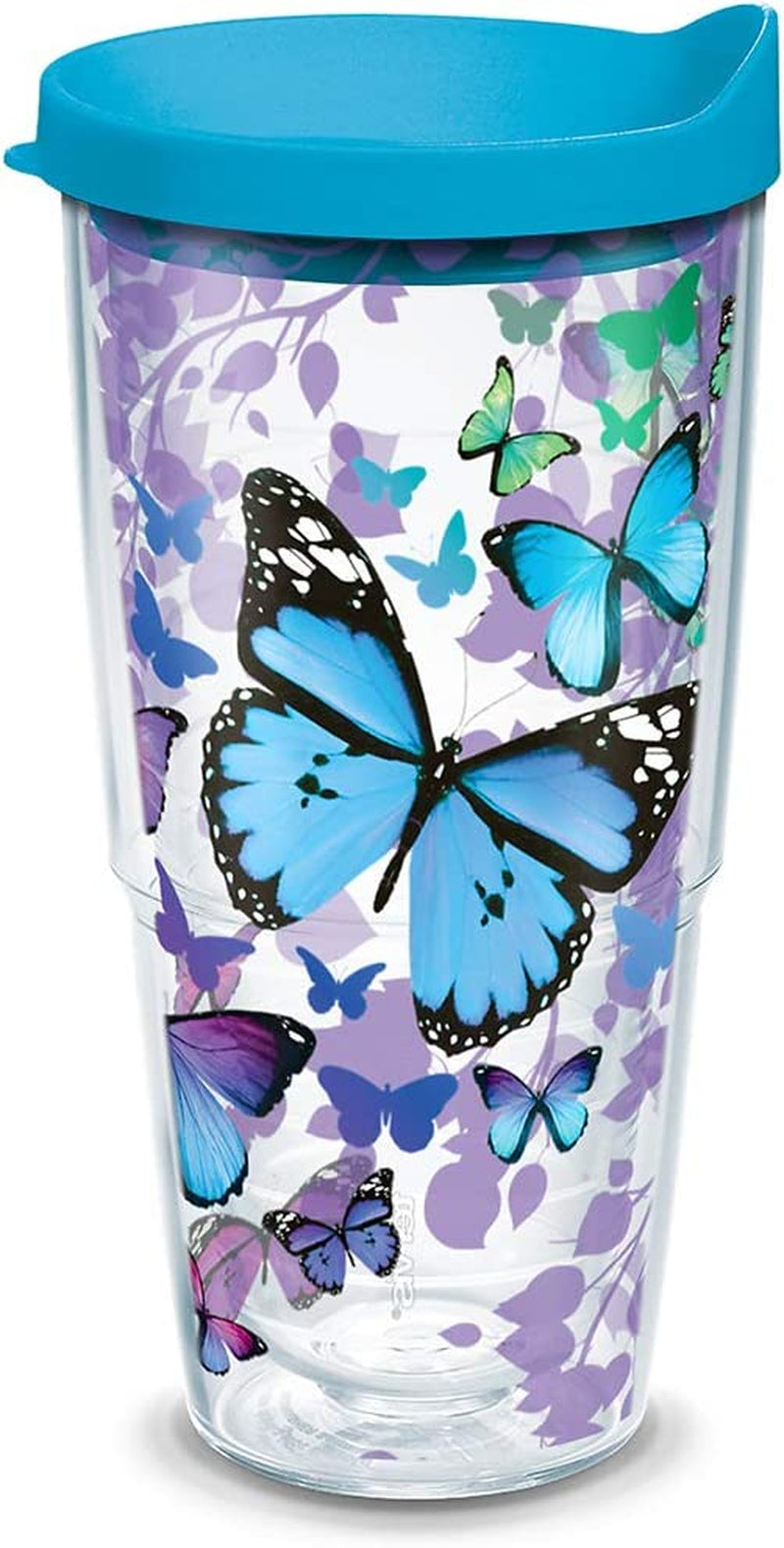 Tervis Blue Endless Butterfly Insulated Tumbler with Wrap and Turquoise Lid, 16Oz, Clear
