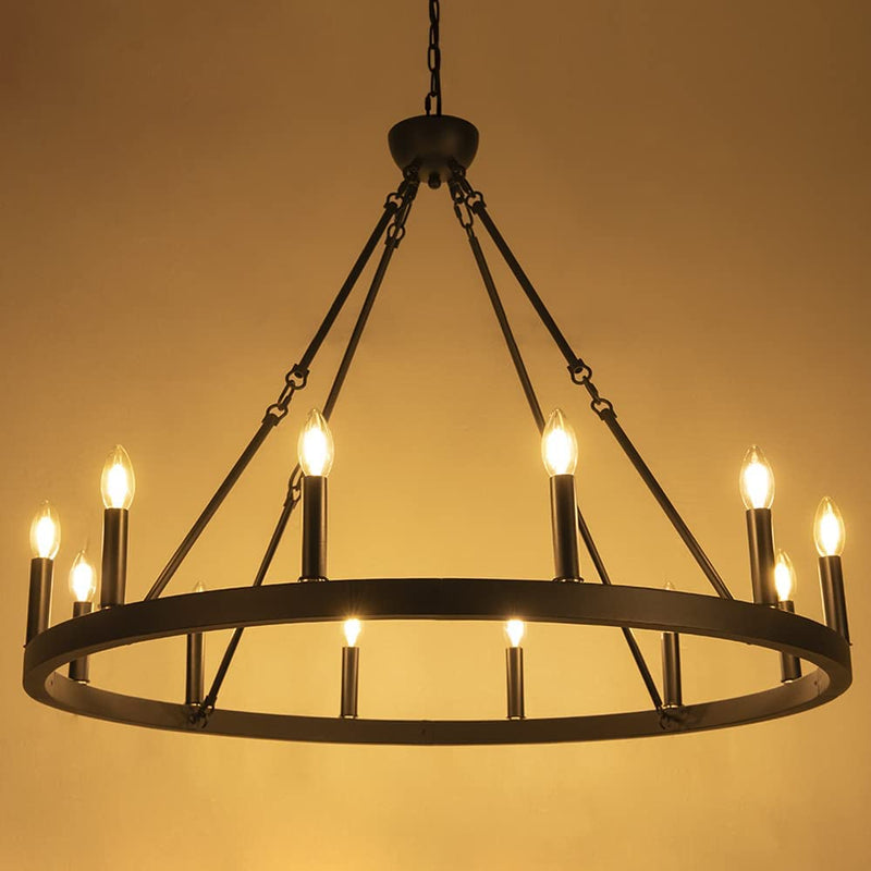 Wellmet 12-Light Black Wagon Wheel Chandelier Diam 38 Inch, Farmhouse Industrial Country Style Large round Pendant Light Fixture for Dining Room, Kitchen Island