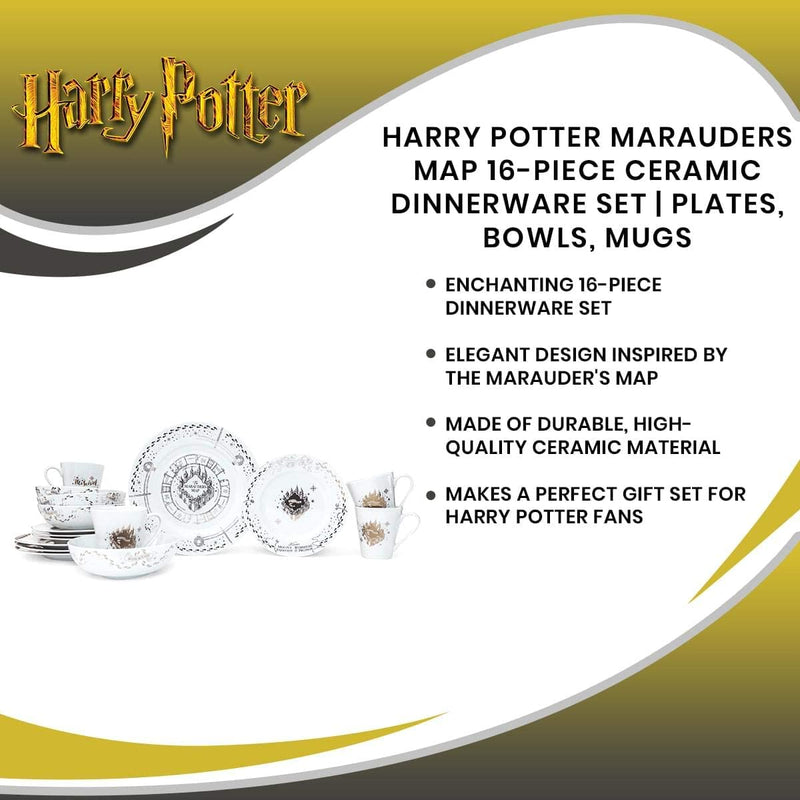 Harry Potter Marauders Map 16-Piece Ceramic Dinnerware Set | Hogwarts-Themed Dish Set | Includes Dinner Plates, Salad Plates, Bowls, Mugs | Place Setting for 4 Home & Garden > Kitchen & Dining > Tableware > Dinnerware Ukonic   
