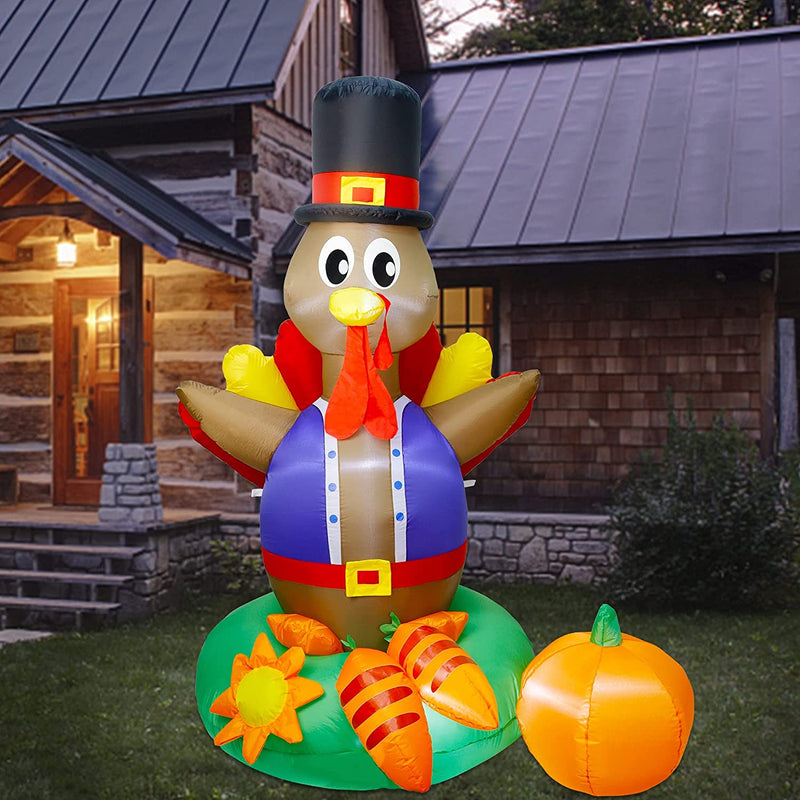 ATDAWN 6 Foot Thanksgiving Inflatable Turkey, Thanksgiving Autumn LED Lights Decorations, Thanksgiving Lighted Outdoor Indoor Yard Holiday Decorations  ATDAWN 6Ft, Turkey With Carrot  