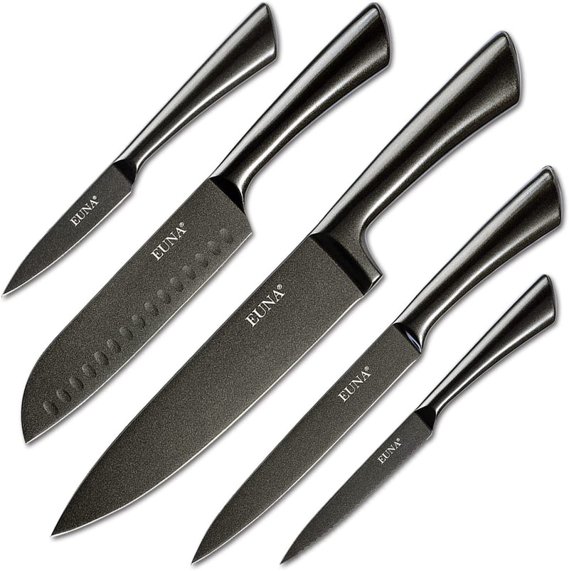 EUNA 5 PCS Kitchen Knife Set with Multiple Sizes, [Ultra-Sharp] Chef Cooking Knives with Sheaths and Gift Box, Chef Knife Set for Professional Multipurpose Cooking with Ergonomic Handle Home & Garden > Kitchen & Dining > Kitchen Tools & Utensils > Kitchen Knives EUNA Black-Brown  