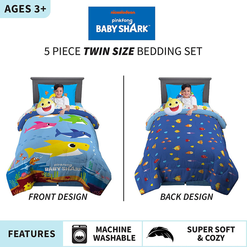 Franco Kids Bedding Comforter with Sheets and Cuddle Pillow Bedroom Set, (5 Piece) Twin Size, Baby Shark Home & Garden > Linens & Bedding > Bedding Franco   