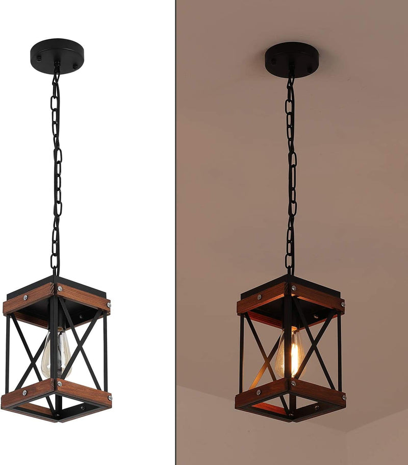 Fivess Lighting Rustic Farmhouse Pendant Light with Wood and Metal Cage, One-Light Adjustable Chains Industrial Mini Pendant Lighting Fixture for Kitchen Island Cafe Bar, Black Home & Garden > Lighting > Lighting Fixtures Fivess Lighting   